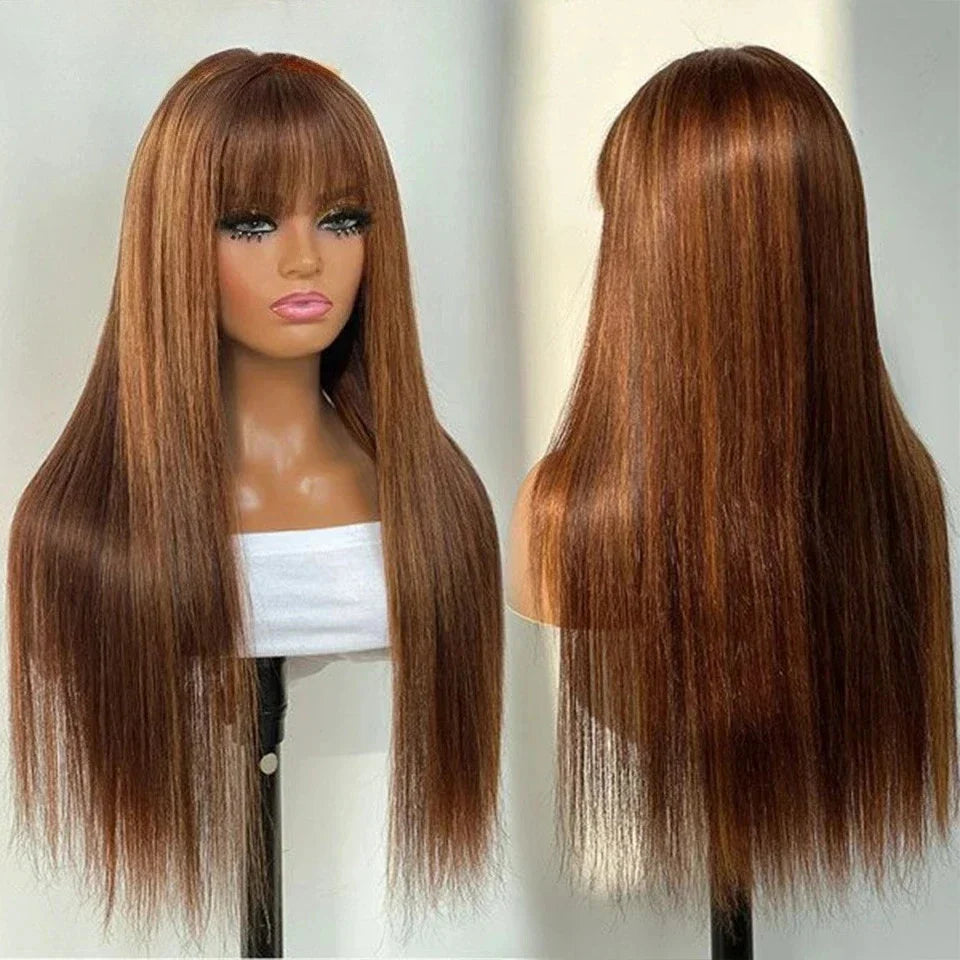 Highlight P4/30/27 100% Human Hair Wigs Straight With Bangs Fringe Malaysia Straight Human Hair Wigs Full Machine Made Wigs